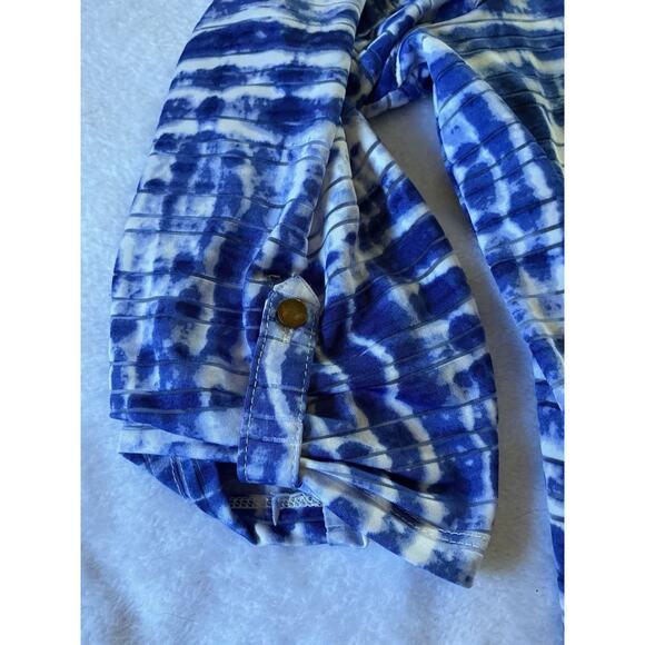 C. D. DANIELS Top 2X Casual Blue Stretch Roll Tab Abstract Striped Button - Picture 6 of 16